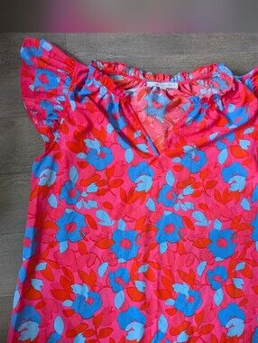 Sugarlips Hot Pink Floral V-Neck Top with Blue Accents